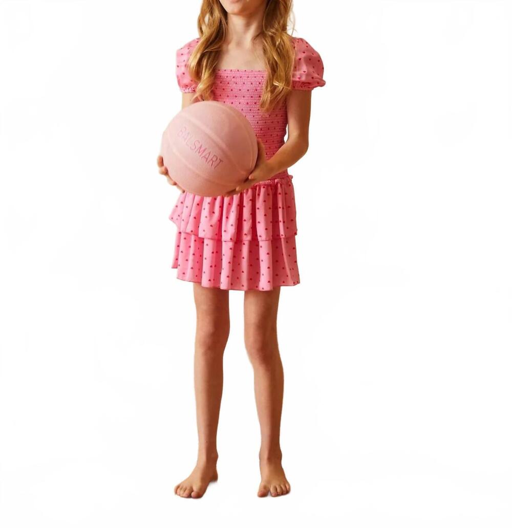 NEW THEME lexi satin smocked short sleeve ruffle dress in pink with red hearts
